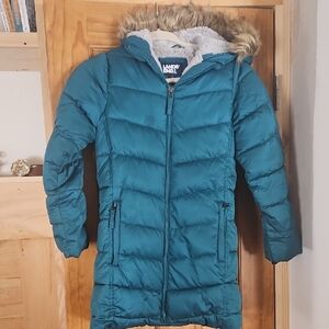 Lands' End Kids Blue Puffer Coat with Faux Fur Hood